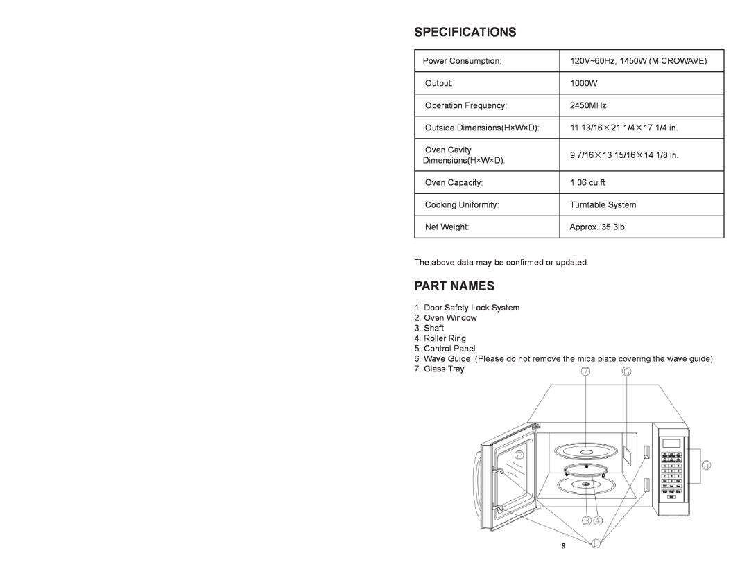 Continental Platinum CP41119 instruction manual Specifications, Part Names 