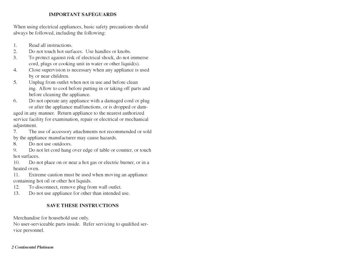Continental Platinum CP43519 instruction manual Important Safeguards 