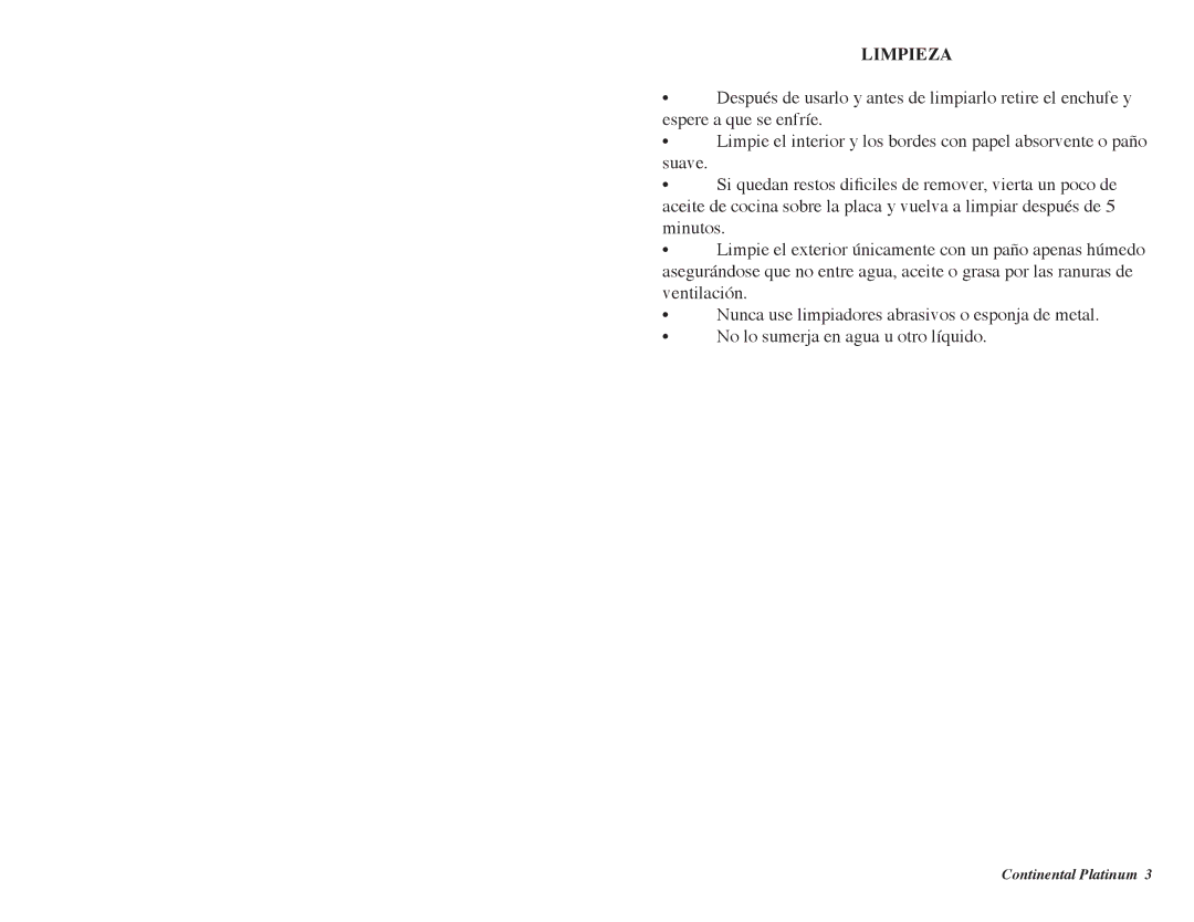 Continental Platinum CP43519 instruction manual Limpieza 