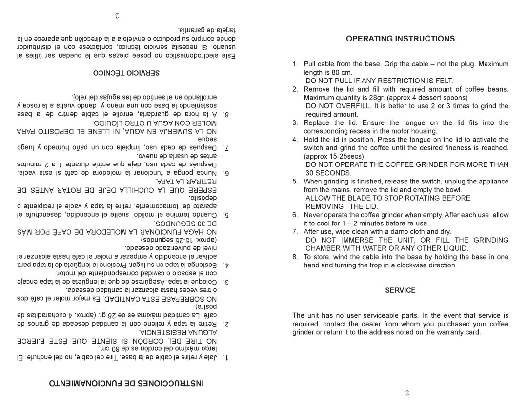 Continental Platinum CP43592 instruction manual Funcionamiento DE Instrucciones Operating Instructions, Técnico Servicio 