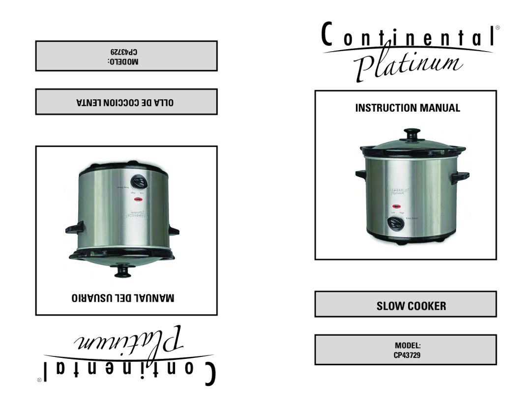 Continental Platinum CP43729 instruction manual Slow Cooker 