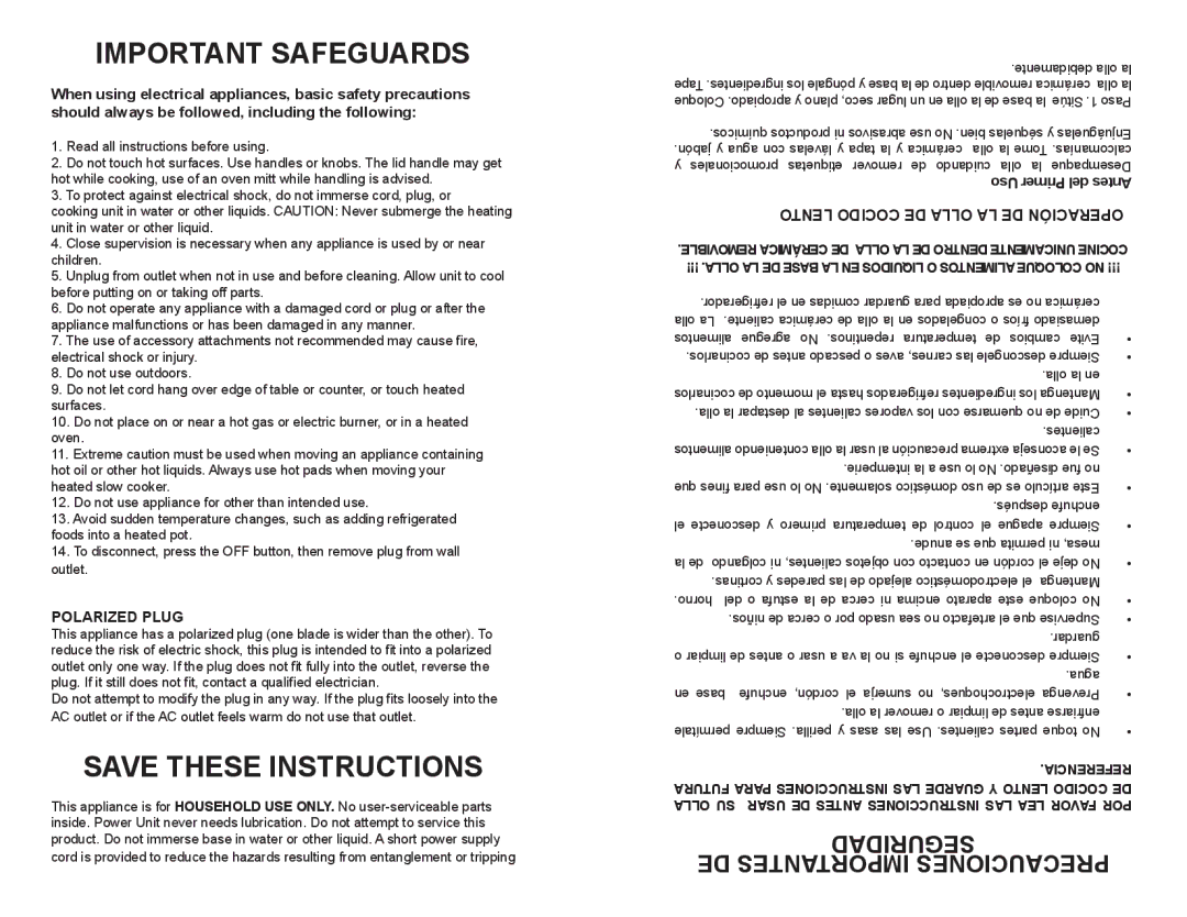 Continental Platinum CP43729 instruction manual Lento Cocido DE Olla LA DE Operación, Polarized Plug 