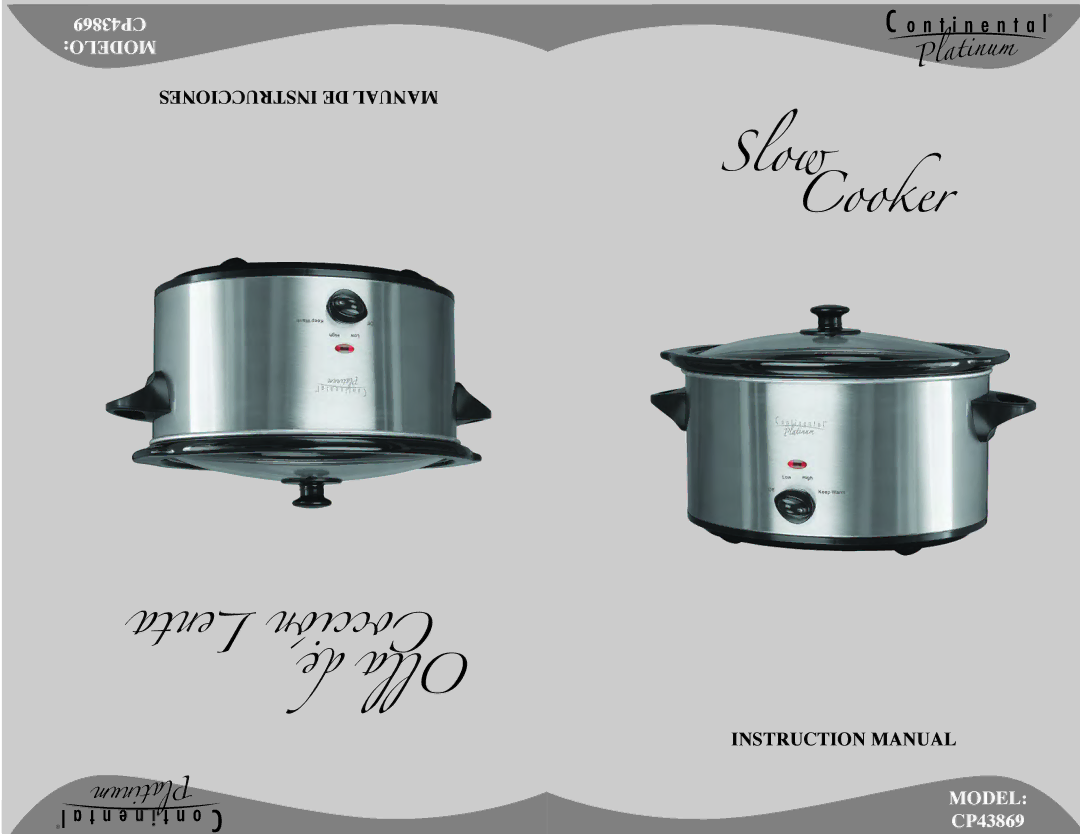 Continental Platinum CP43869 instruction manual Slow Cooker 