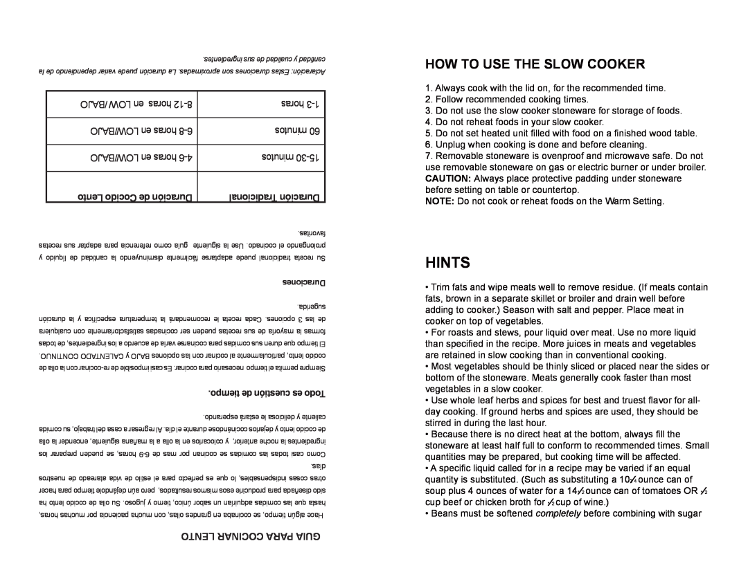 Continental Platinum CP43869 Hints, How To Use The Slow Cooker, Lento Cocinar Para Guia, Tradicional Duración, horas 