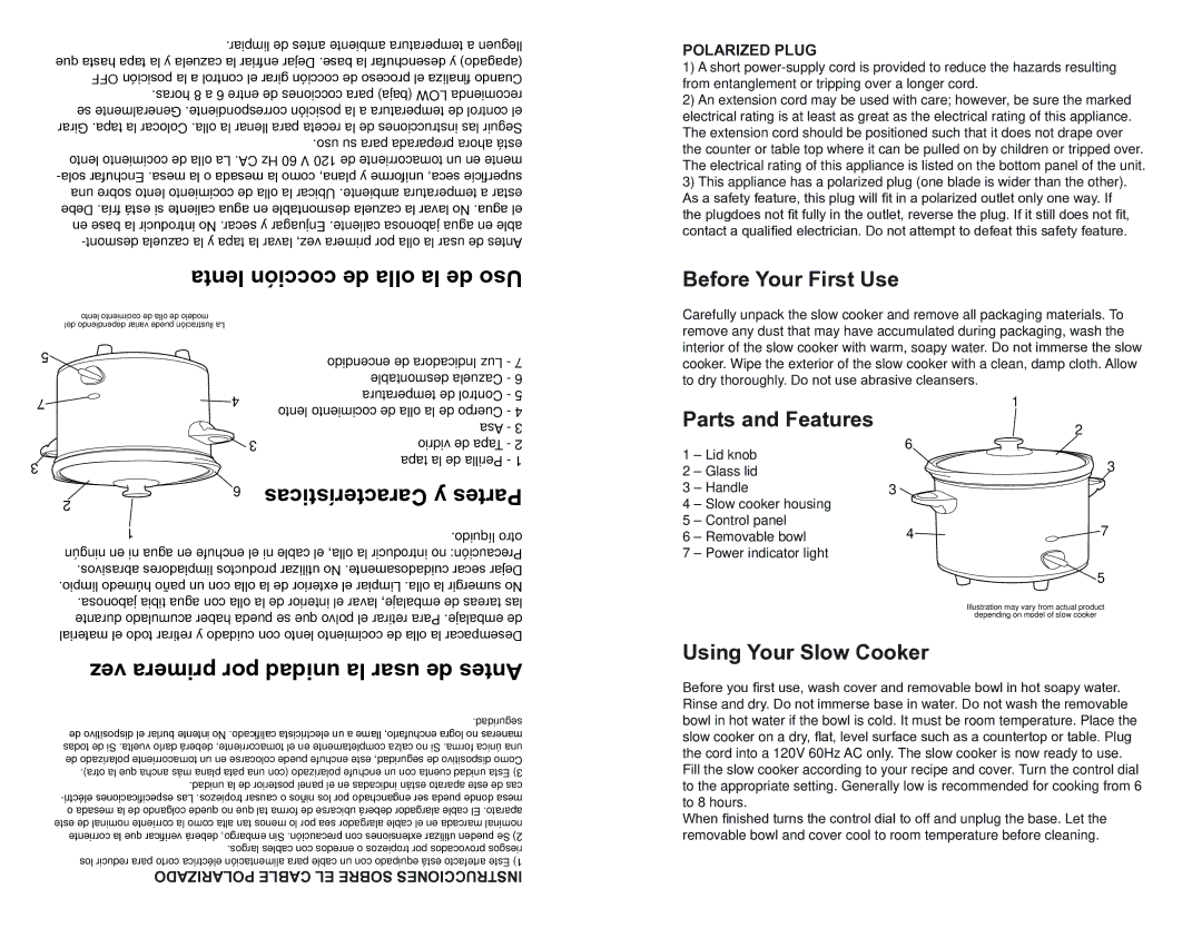 Continental Platinum CP43879 manual Lenta cocción de olla la de Uso, Características y Partes, Polarized Plug 