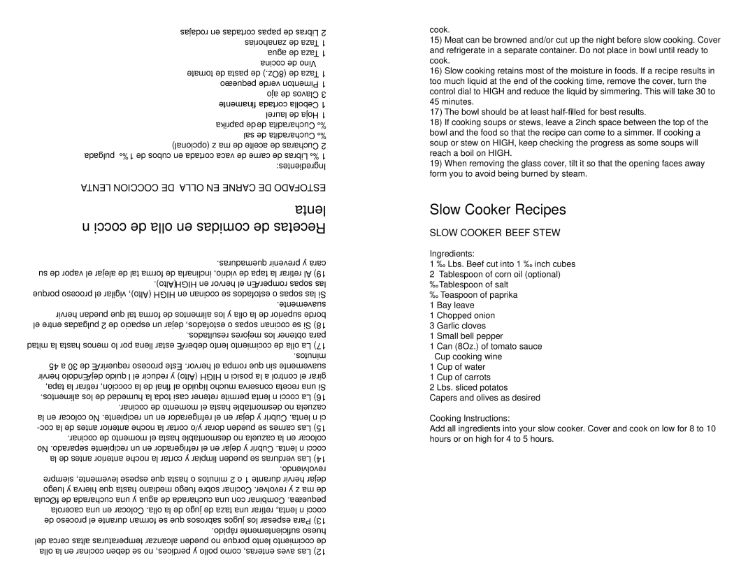 Continental Platinum CP43879 manual Lenta cocción de olla en comidas de Recetas, Slow Cooker Recipes, Slow Cooker Beef Stew 