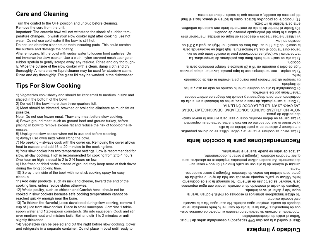 Continental Platinum CP43879 manual Care and Cleaning, Tips For Slow Cooking, lenta cocción la para Recomendaciones 