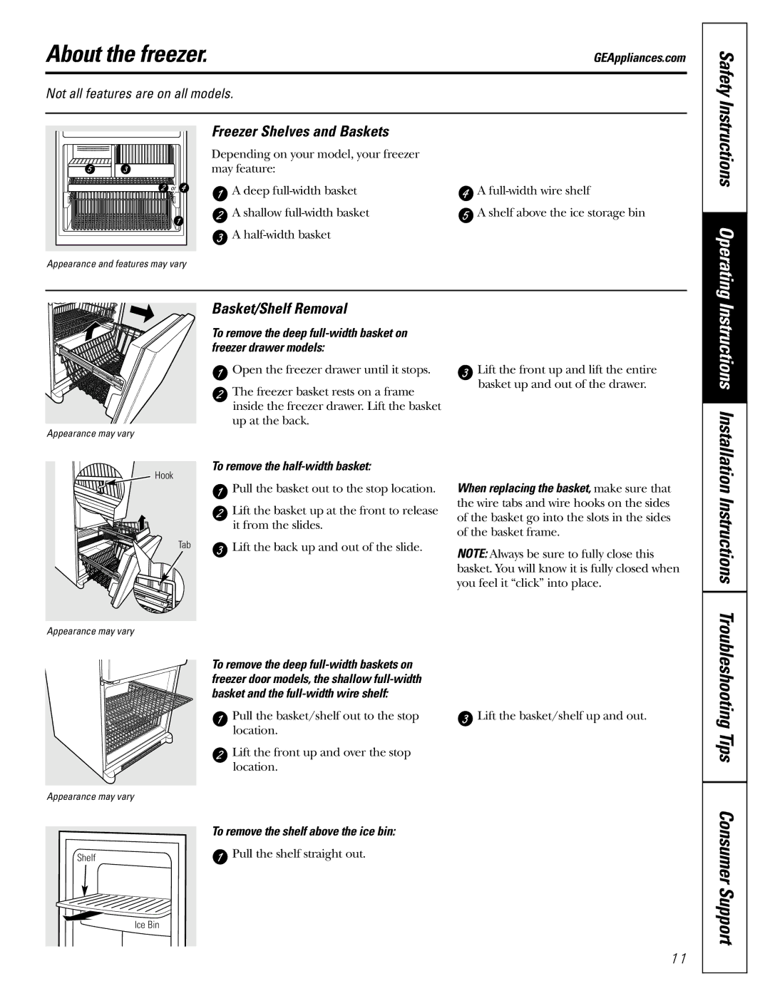 Continental Refrigerator 22, 20 About the freezer, Instructions, Freezer Shelves and Baskets, Basket/Shelf Removal 