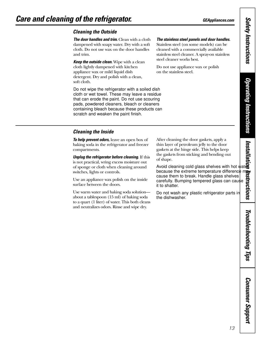 Continental Refrigerator 22, 20 Care and cleaning of the refrigerator, Cleaning the Outside, Cleaning the Inside 