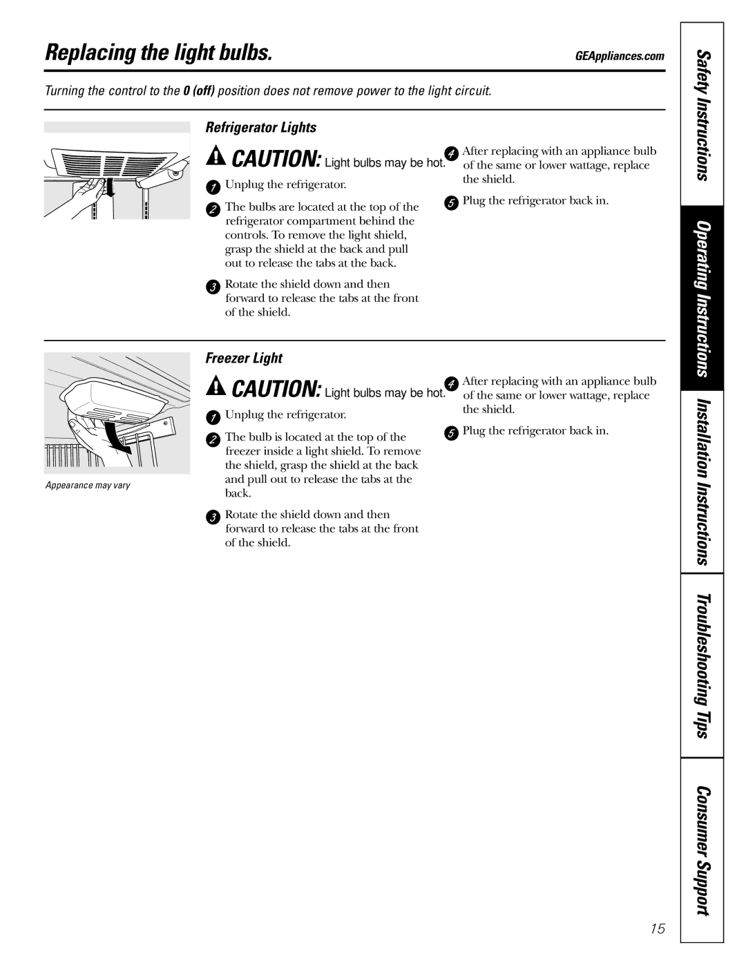 Continental Refrigerator 22, 20 installation instructions Replacing the light bulbs, Refrigerator Lights, Freezer Light 