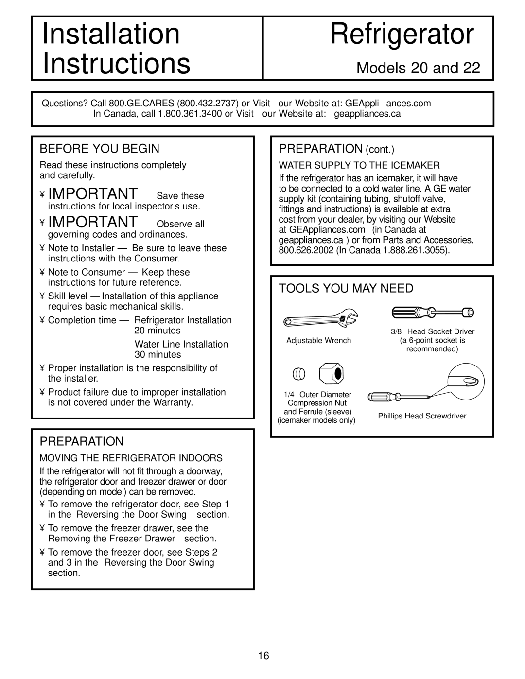 Continental Refrigerator 20, 22 installation instructions Before YOU Begin, Preparation, Tools YOU MAY Need 