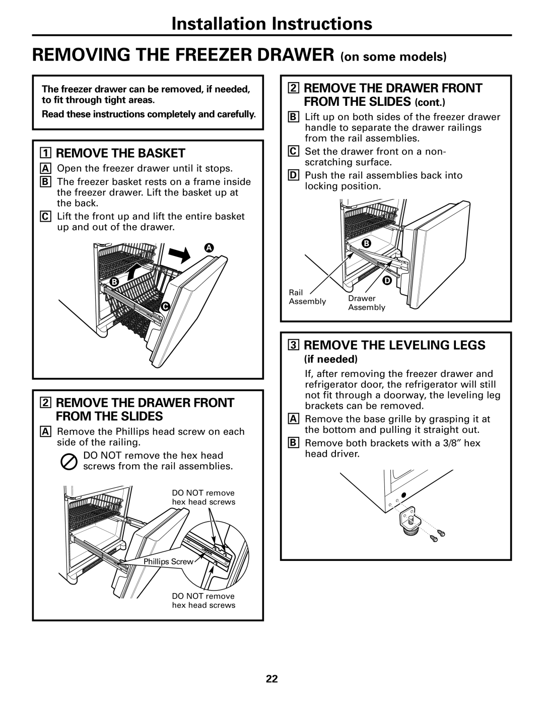 Continental Refrigerator 20, 22 Remove the Basket, Remove the Drawer Front from the Slides, Remove the Leveling Legs 