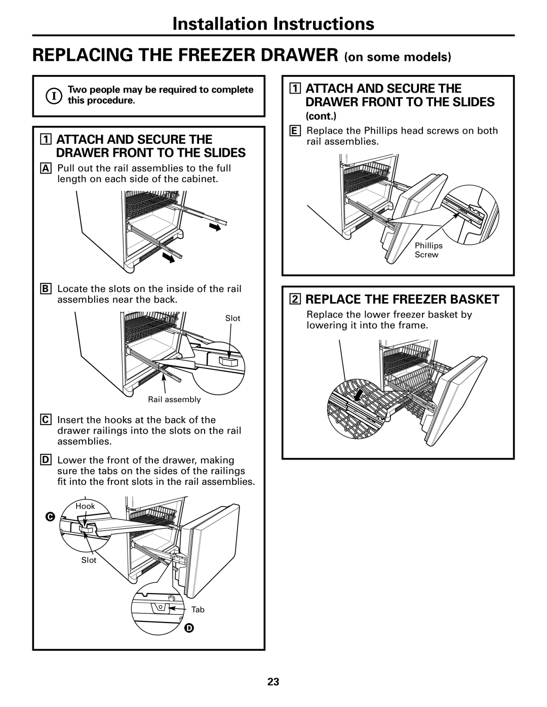 Continental Refrigerator 22, 20 Replace the Freezer Basket, Attach and Secure the Drawer Front to the Slides 