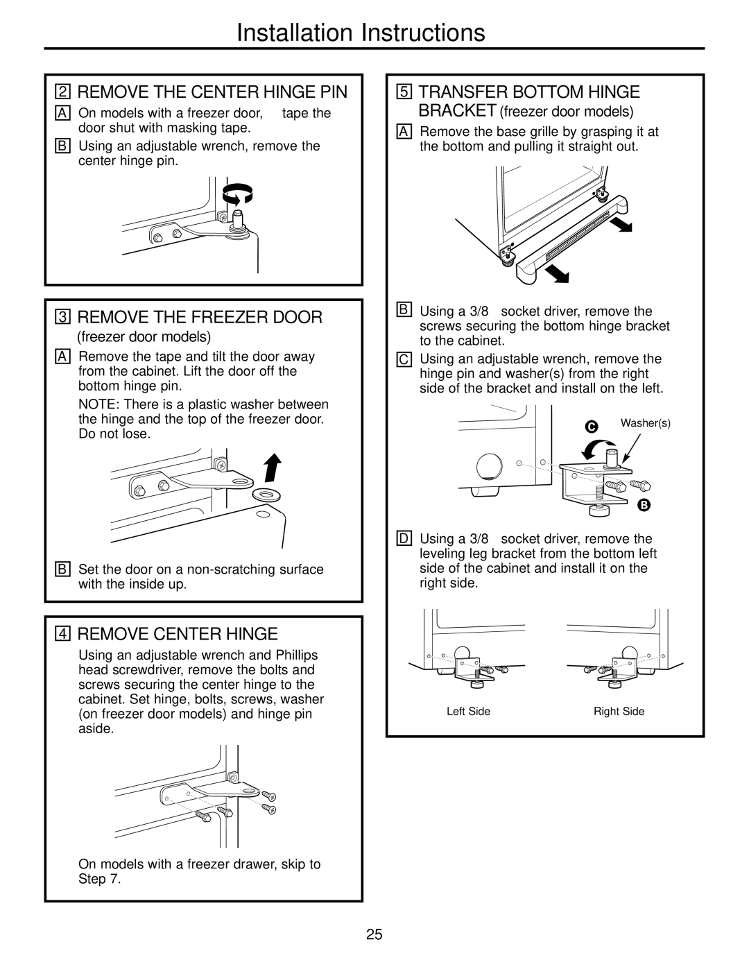 Continental Refrigerator 22, 20 Remove the Center Hinge PIN, Remove the Freezer Door, Remove Center Hinge 