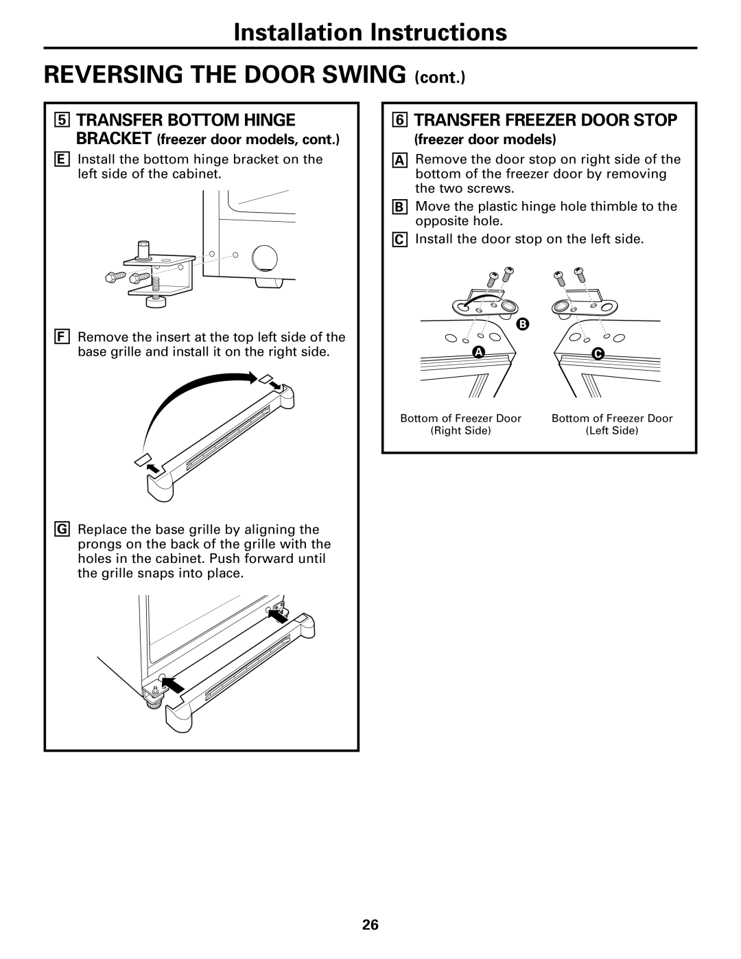 Continental Refrigerator 20, 22 Installation Instructions Reversing the Door Swing, Transfer Freezer Door Stop 