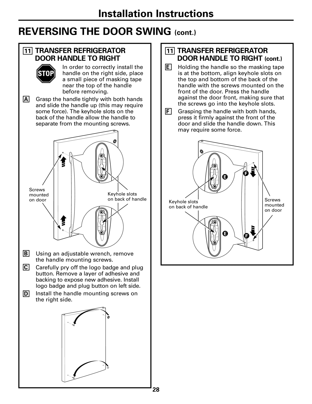 Continental Refrigerator 20, 22 installation instructions Transfer Refrigerator Door Handle to Right 