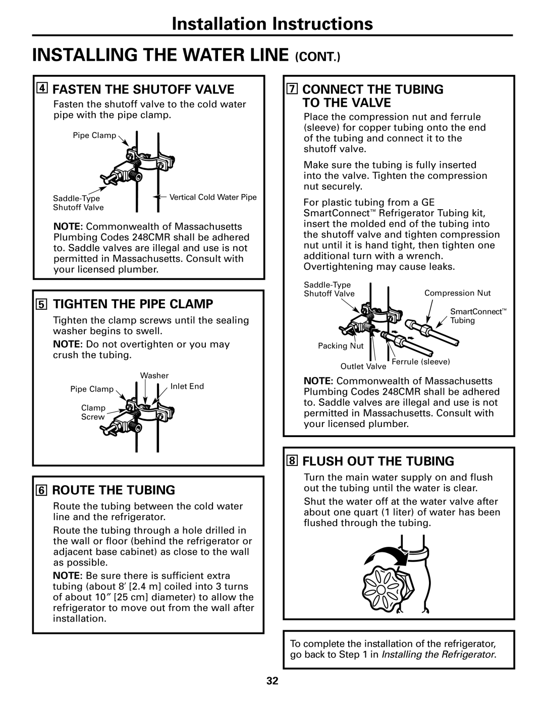 Continental Refrigerator 20, 22 Fasten the Shutoff Valve, Tighten the Pipe Clamp, Connect the Tubing To the Valve 