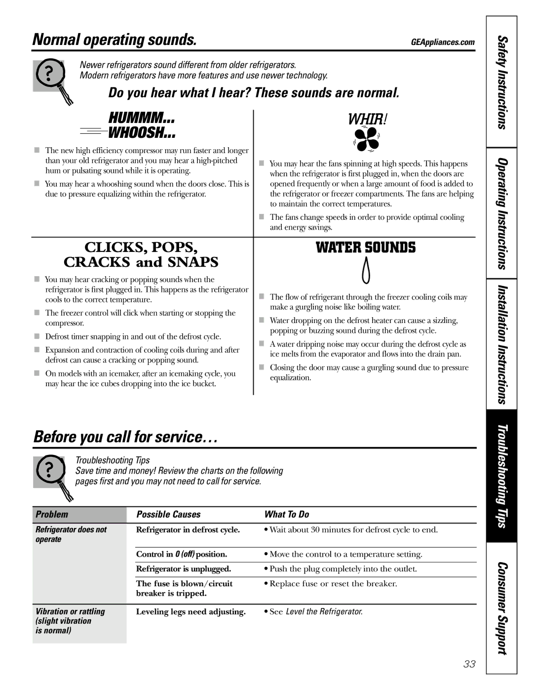 Continental Refrigerator 22, 20 installation instructions Normal operating sounds, Before you call for service… 