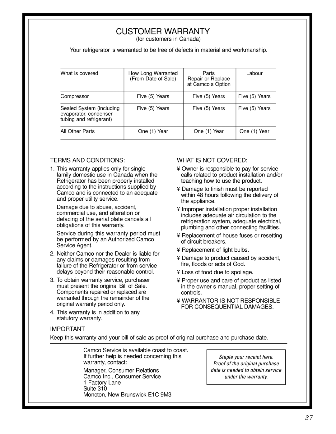 Continental Refrigerator 22, 20 installation instructions Customer Warranty 