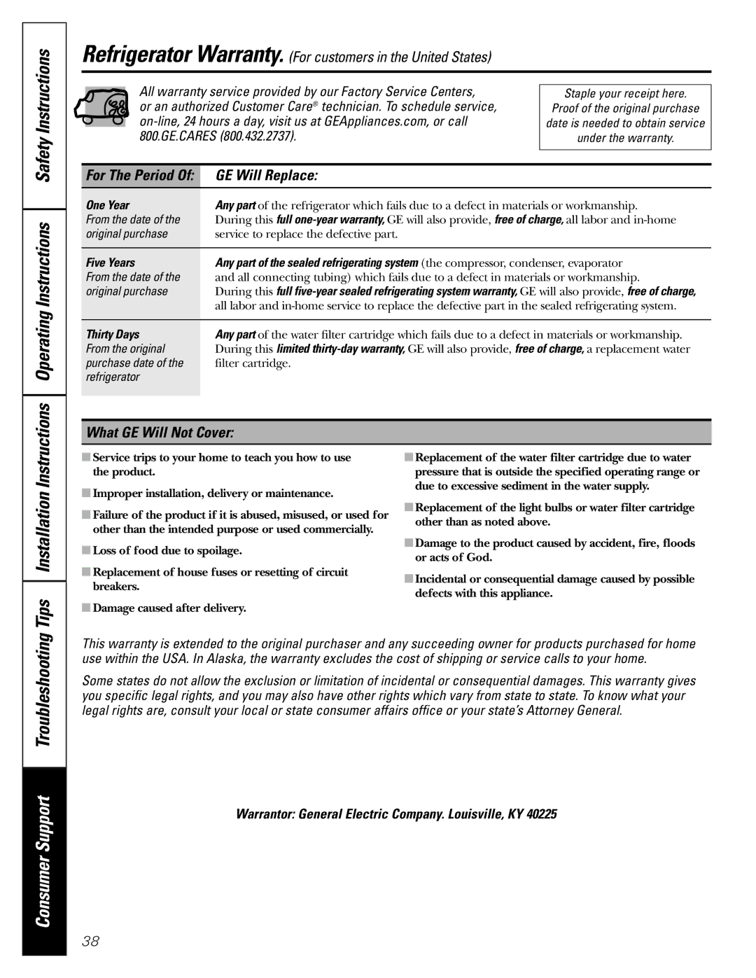 Continental Refrigerator 20, 22 installation instructions GE Will Replace, What GE Will Not Cover, One Year, Thirty Days 