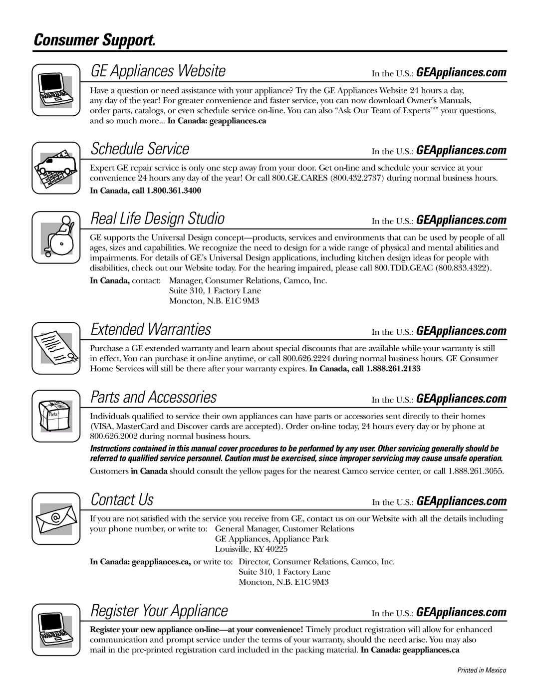 Continental Refrigerator 22, 20 installation instructions Consumer Support, Schedule Service 