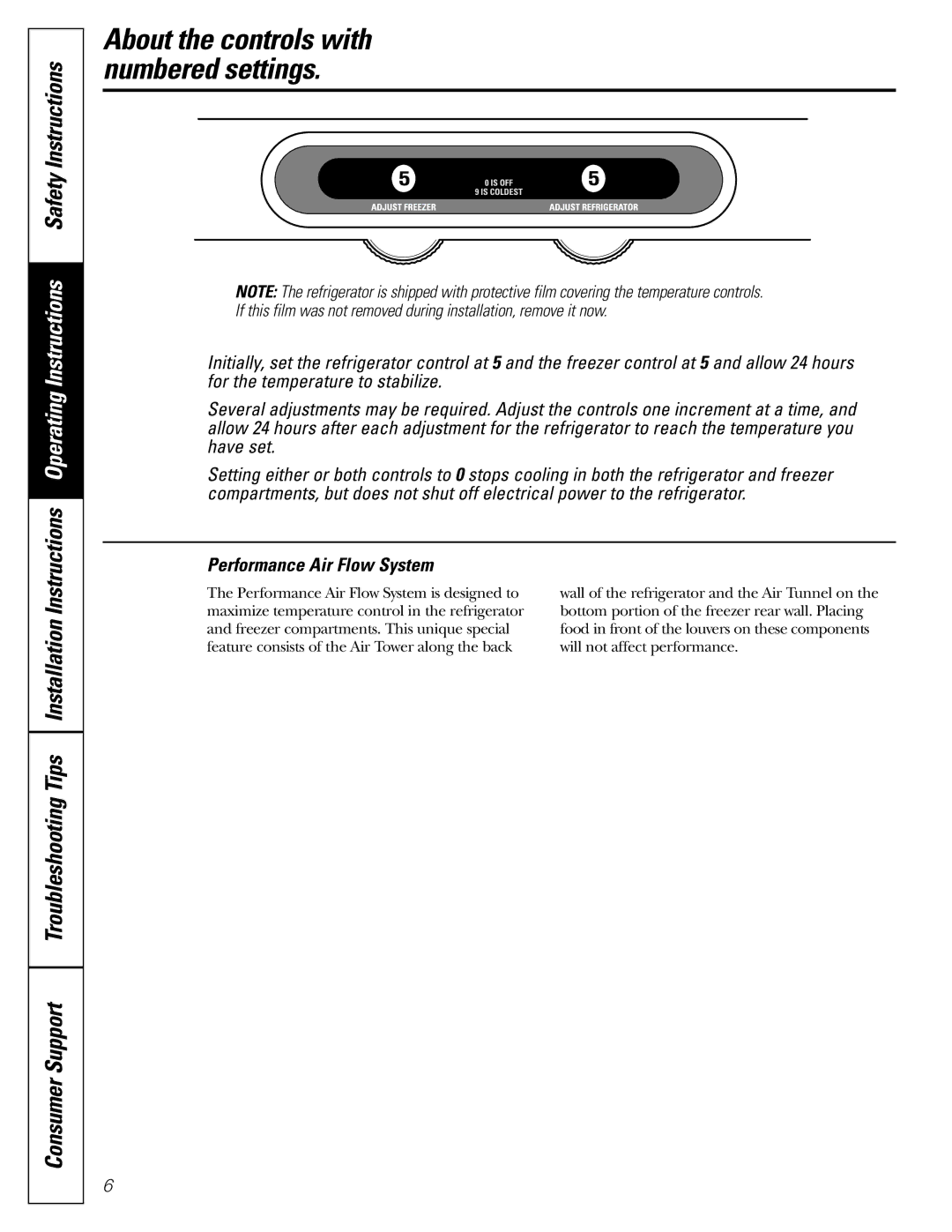 Continental Refrigerator 20, 22 installation instructions About the controls with numbered settings 