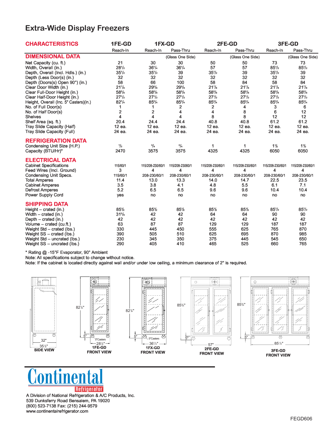 Continental Refrigerator 1FE-GD 1FX-GD, 2FE-GD, 3FE-GD, Extra-WideDisplay Freezers, Characteristics, Dimensional Data 