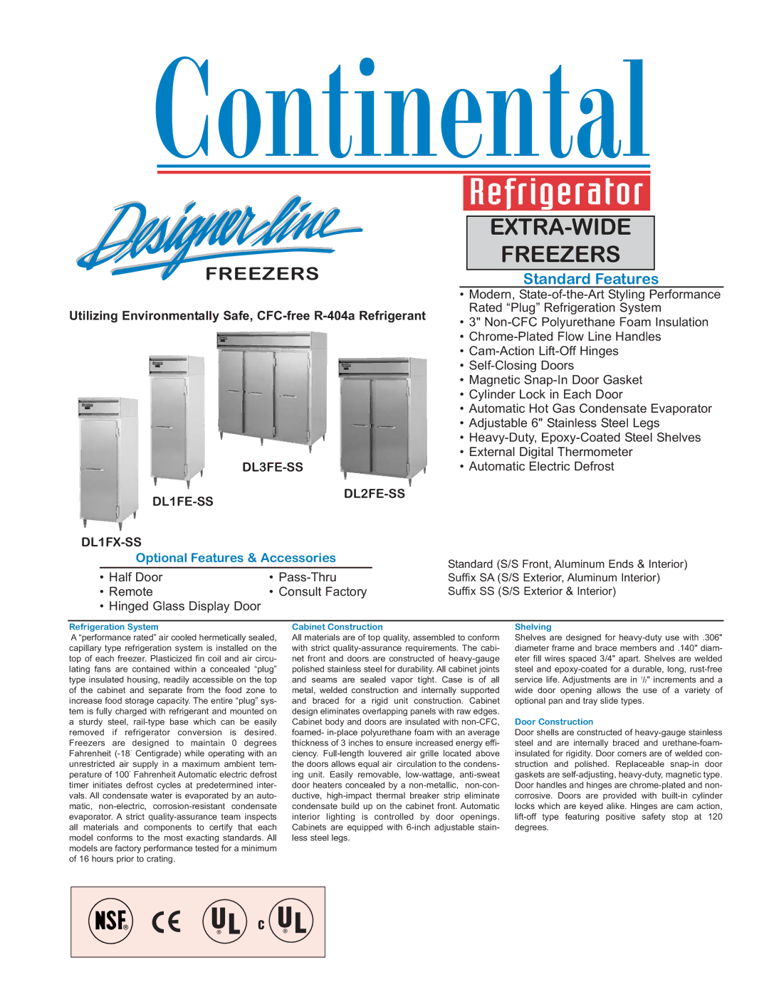 Continental Refrigerator DL2FE-SS, DL1FE-SS manual Refrigeration System, Cabinet Construction, Shelving, Door Construction 