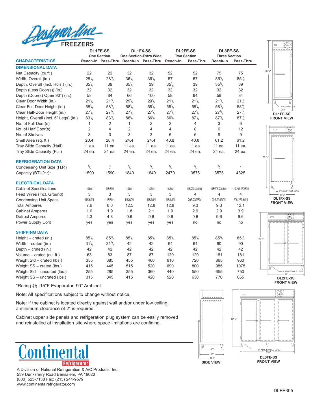 Continental Refrigerator DL3FE-SS Characteristics, Dimensional Data, Refrigeration Data, Electrical Data, Shipping Data 