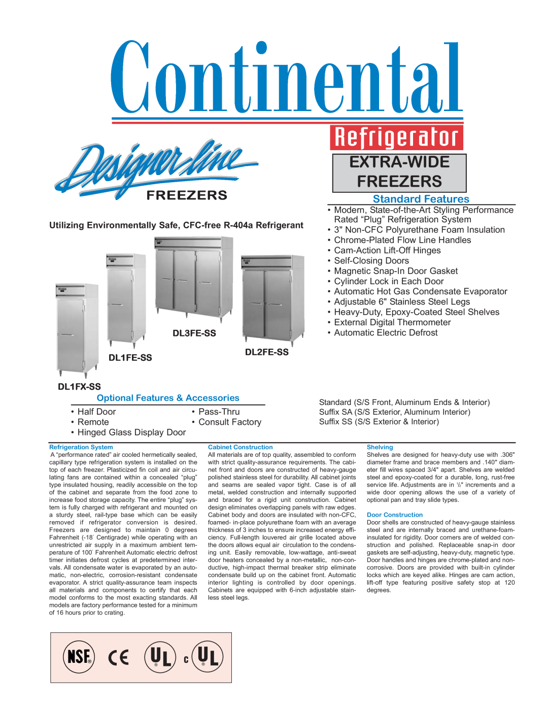 Continental Refrigerator DL2FE-SS manual Extra-Wide Freezers, Standard Features, DL3FE-SS, DL1FE-SS, DL1FX-SS 