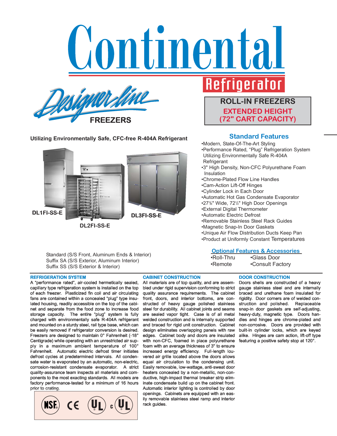 Continental Refrigerator DL2FI-SS-E manual DL1FI-SS-E, DL3FI-SS-E, Roll-Thru, Glass Door, Remote, Consult Factory 