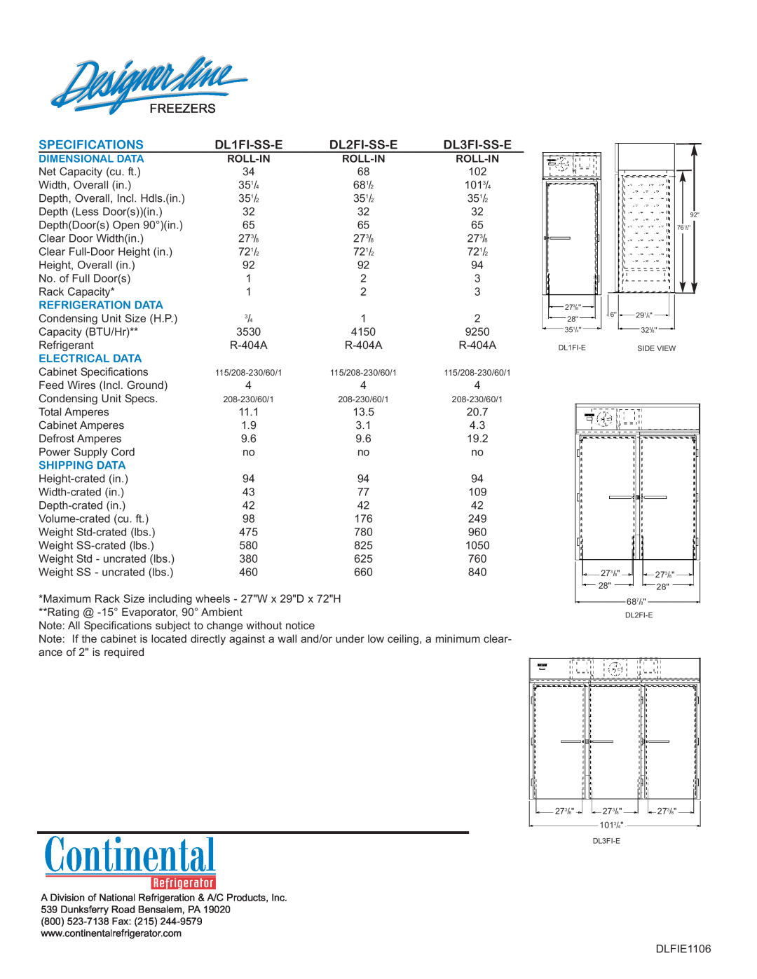 Continental Refrigerator DL1FI-SS-E Freezers, Specifications, DL2FI-SS-E, DL3FI-SS-E, Refrigeration Data, Electrical Data 