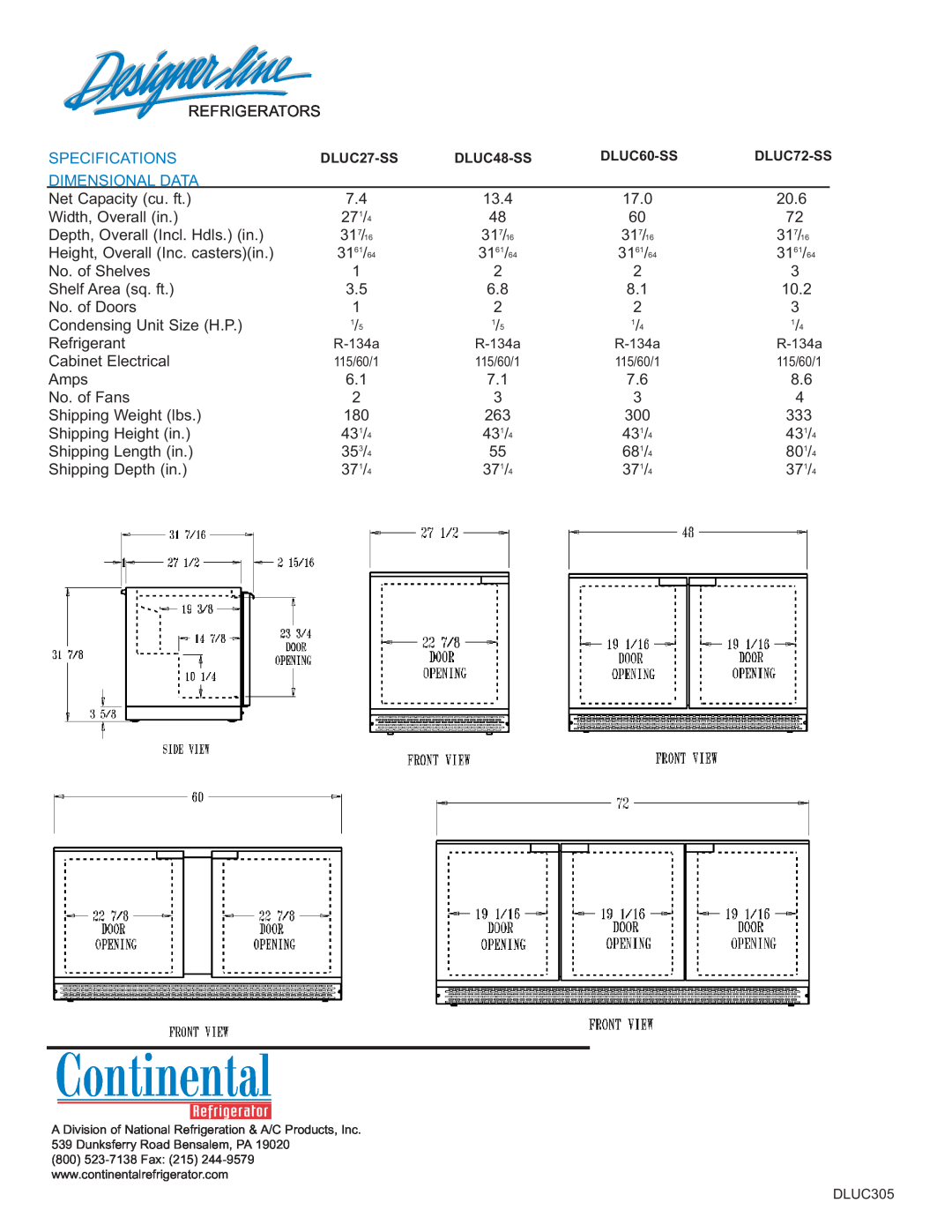 Continental Refrigerator DLUC48-SS, DLUC27-SS, DLUC72-SS, DLUC60-SS manual Refrigerators, Specifications, Dimensional Data 