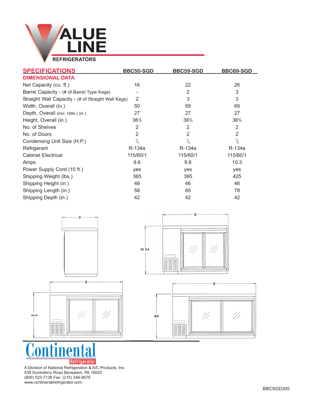 Continental Refrigerator R-134A manual Specifications, Dimensional Data 