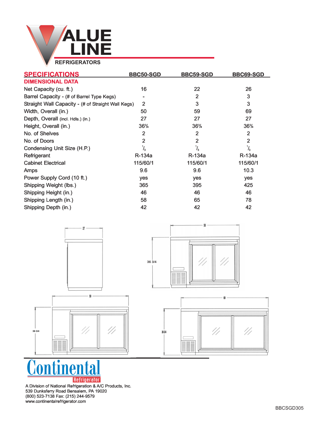 Continental Refrigerator R-134A manual Specifications, Refrigerators, BBC50-SGD, BBC59-SGD, BBC69-SGD, Dimensional Data 