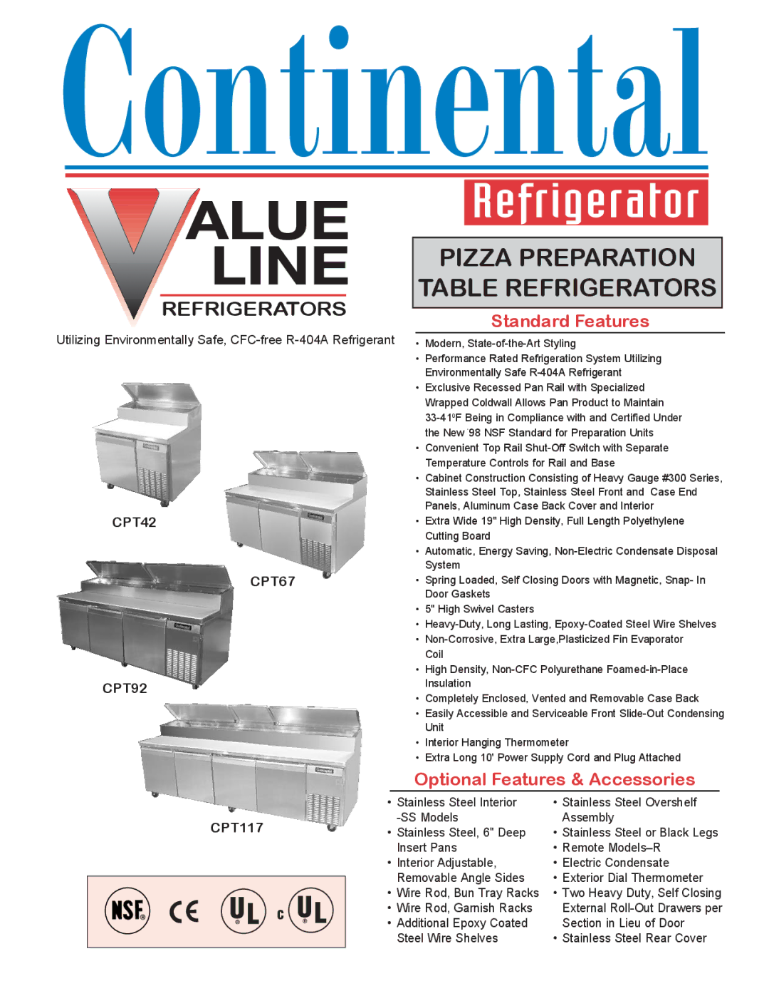 Continental Refrigerator R-404A manual Pizza Preparation Table Refrigerators, Standard Features, CPT42 CPT67 CPT92, CPT117 