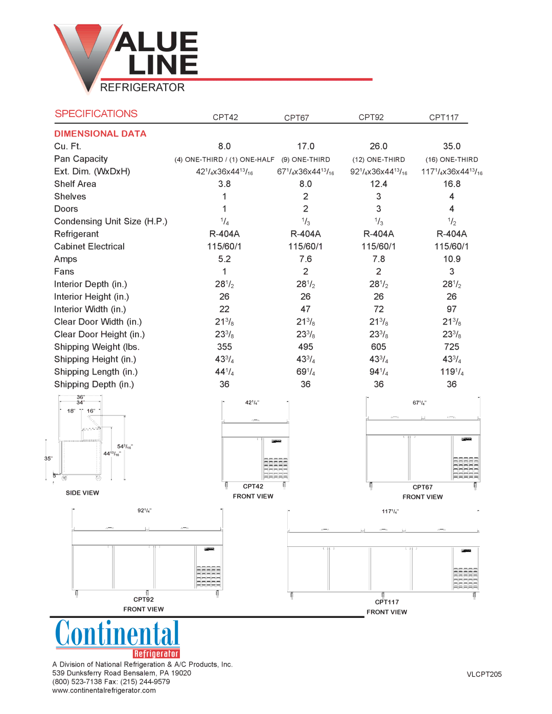 Continental Refrigerator R-404A manual Refrigerator, Specifications, Dimensional Data 