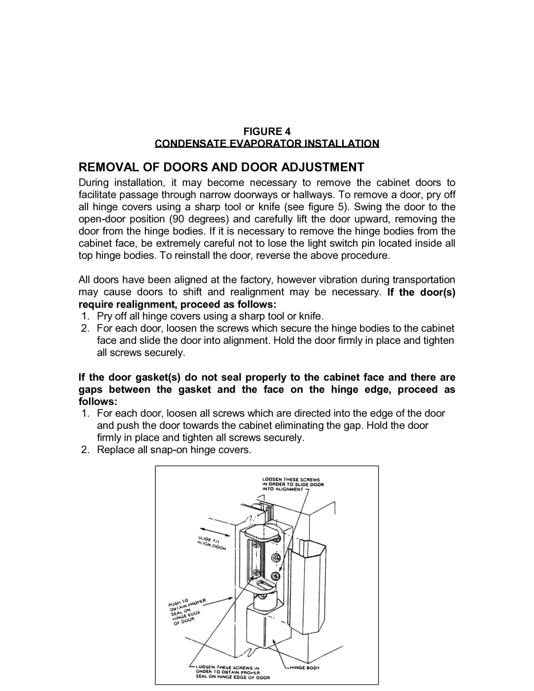 Continental Refrigerator Refrigerators and Freezers instruction manual Removal of Doors and Door Adjustment 