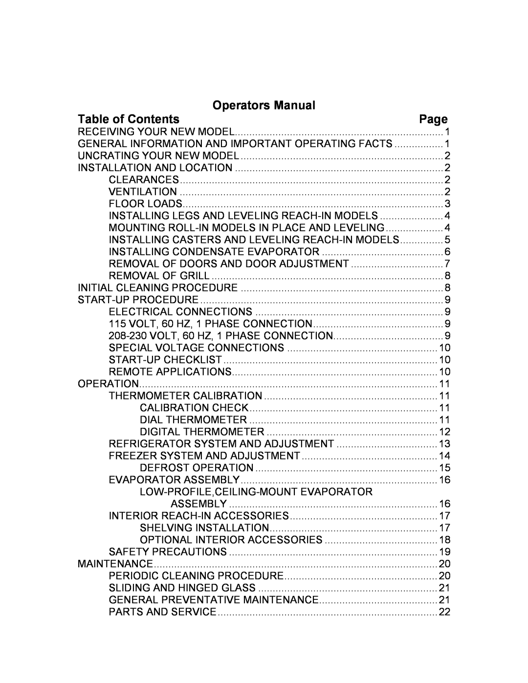 Continental Refrigerator Refrigerators and Freezers instruction manual Operators Manual, Table of Contents, Page 
