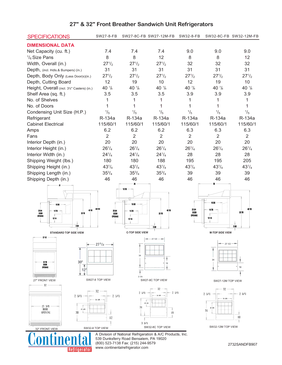 Continental Refrigerator SW32-12M-FB 27 & 32 Front Breather Sandwich Unit Refrigerators, Specifications, Dimensional Data 