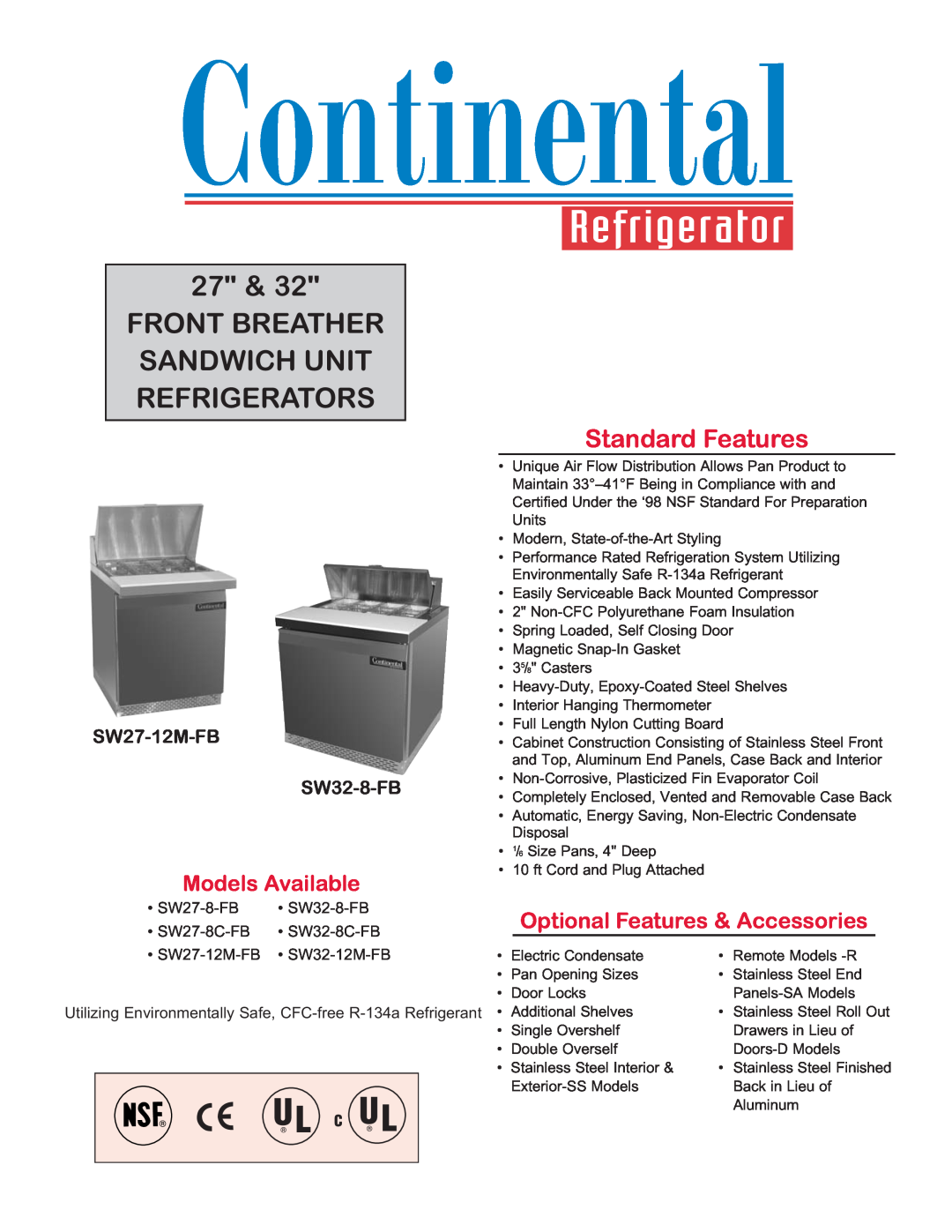 Continental Refrigerator SW32-8C-FB manual SW27-12M-FB SW32-8-FB, 27 & FRONT BREATHER SANDWICH UNIT REFRIGERATORS 