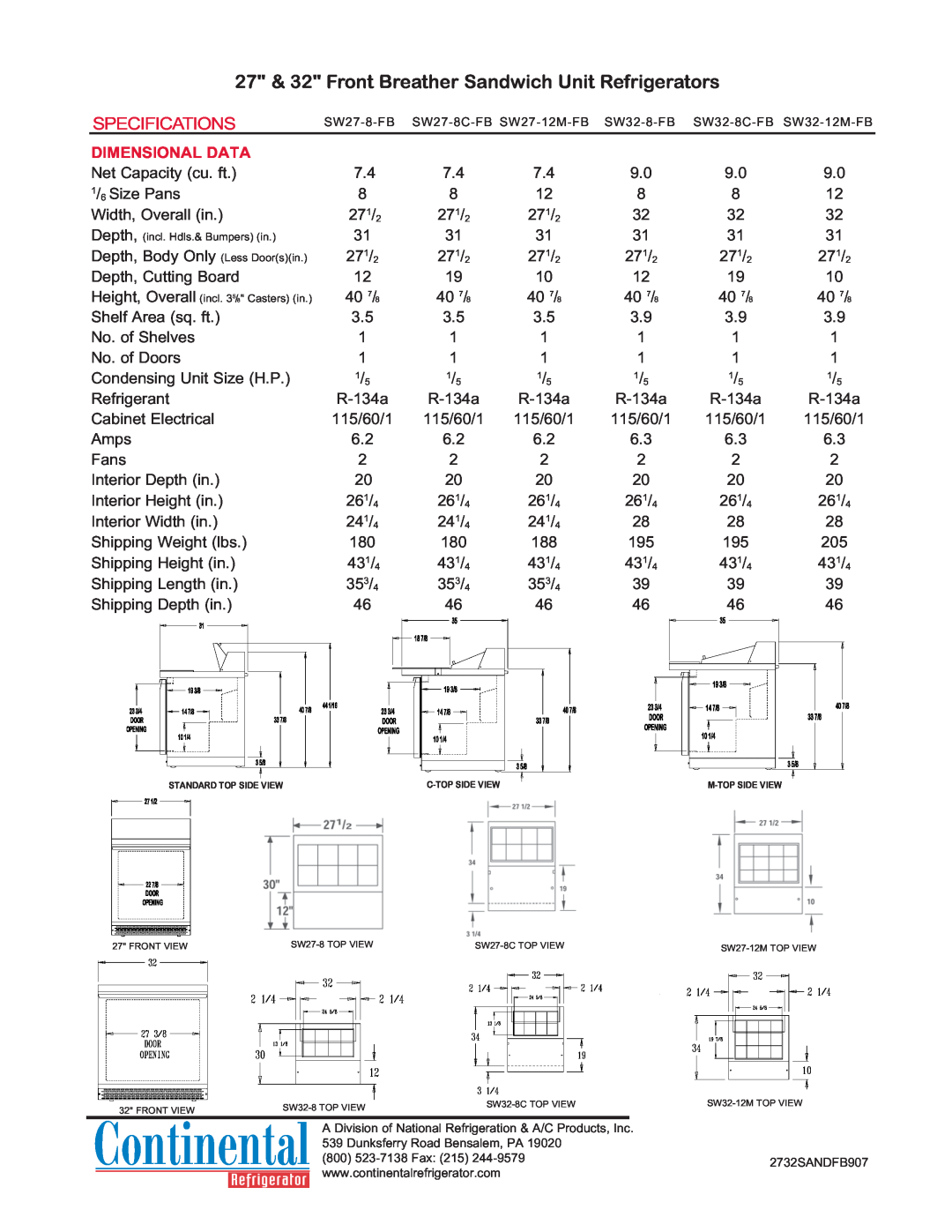 Continental Refrigerator SW32-12M-FB, SW27-12M-FB, SW32-8C-FB, SW27-8-FB, SW27-8C-FB manual Specifications, Dimensional Data 