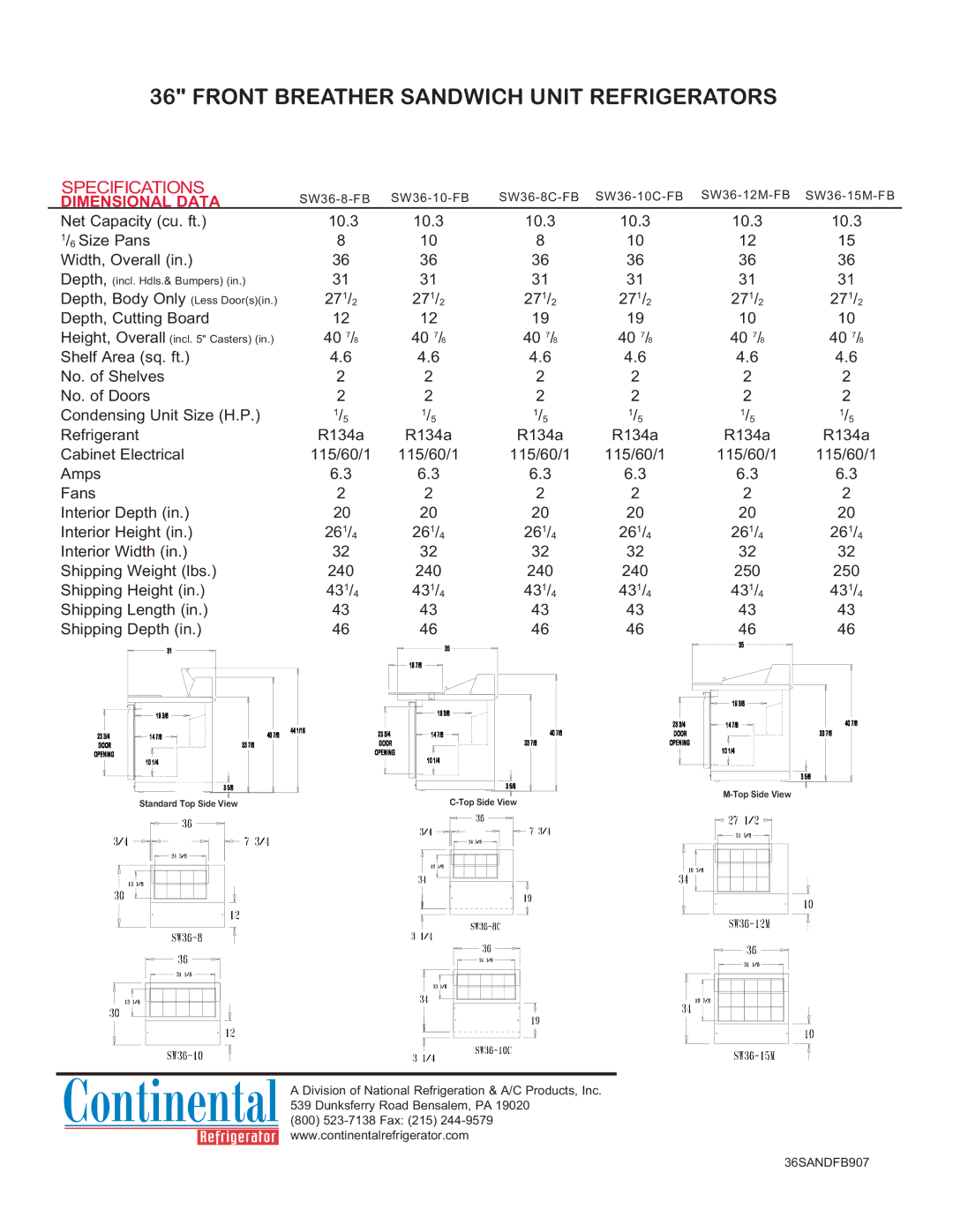 Continental Refrigerator SW36-15M-FB manual Front Breather Sandwich Unit Refrigerators, Specifications, Dimensional Data 