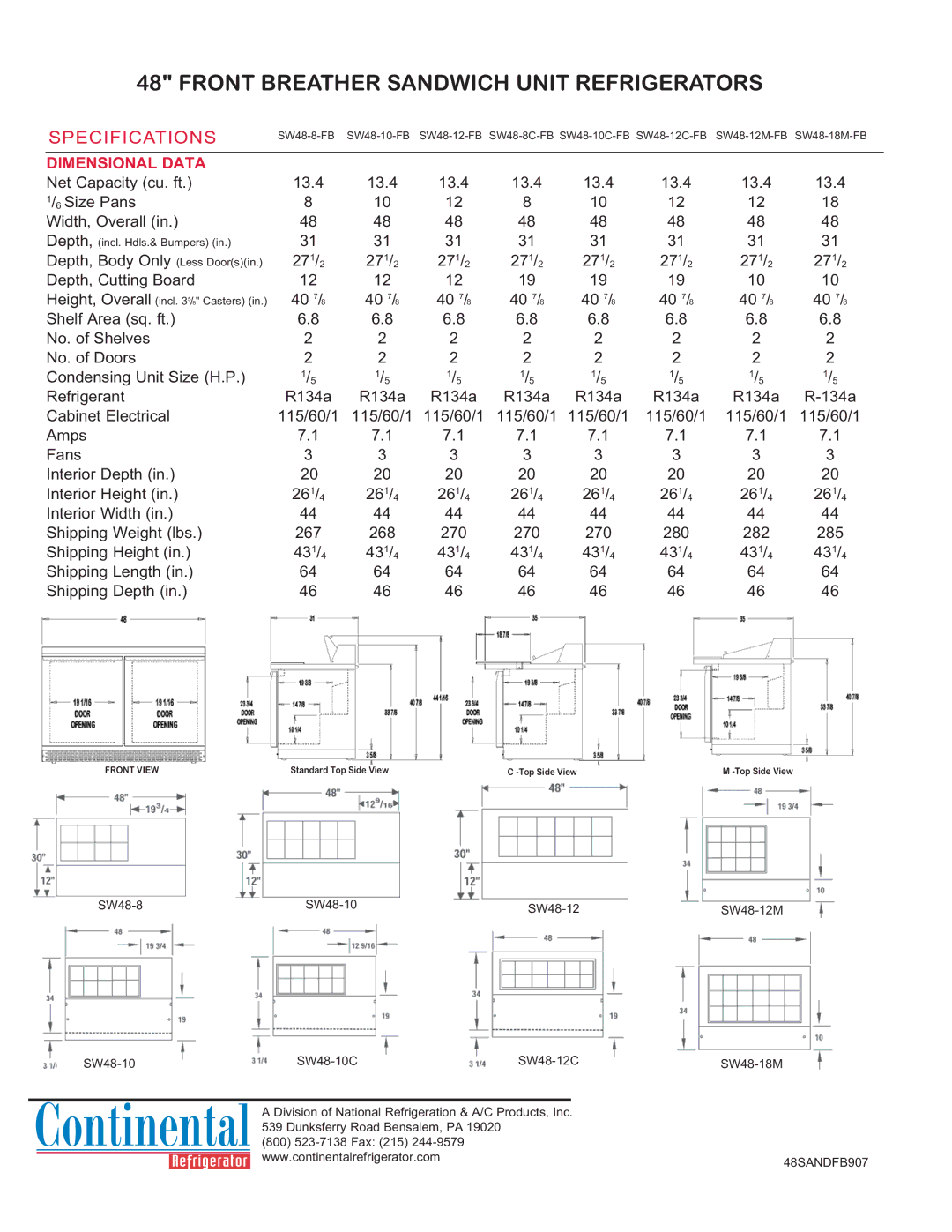 Continental Refrigerator SW48-8-FB manual Front Breather Sandwich Unit Refrigerators, Specifications, Dimensional Data 