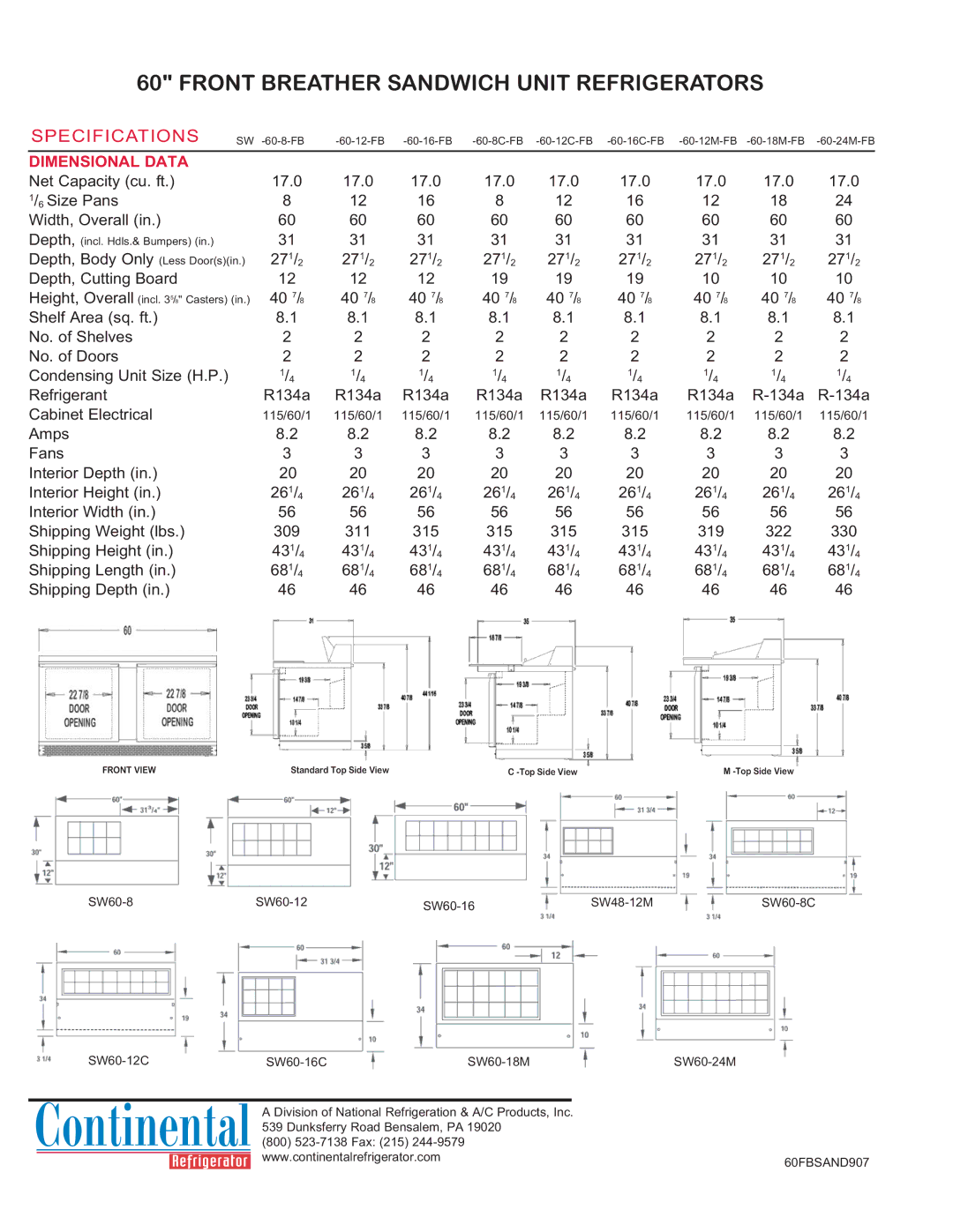 Continental Refrigerator SW60-8C-FB manual Front Breather Sandwich Unit Refrigerators, Specifications, Dimensional Data 