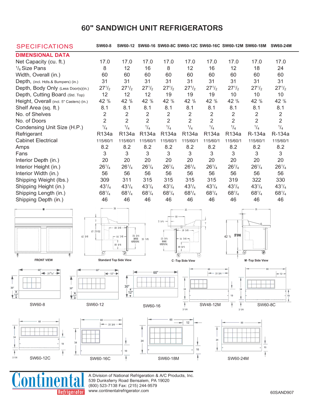 Continental Refrigerator SW60-24M manual Sandwich Unit Refrigerators, Specifications, Dimensional Data 