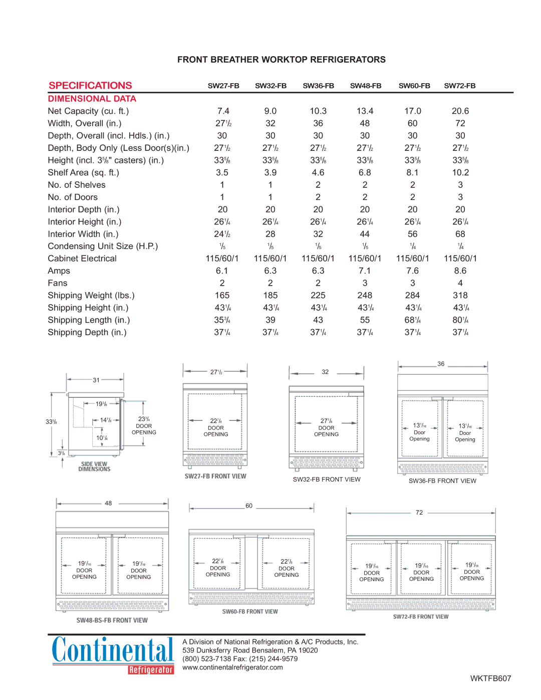 Continental Refrigerator SW36-FB, SW60-FB, SW48-FB, SW27-FB, SW32-FB, SW72-FB manual Specifications, Dimensional Data 