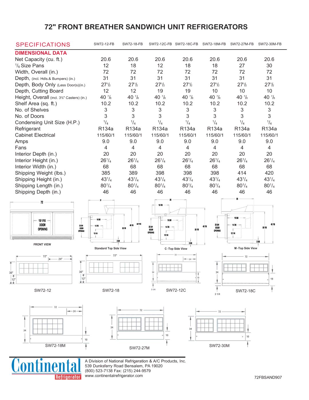 Continental Refrigerator SW72-12C-FB manual Front Breather Sandwich Unit Refrigerators, Specifications, Dimensional Data 