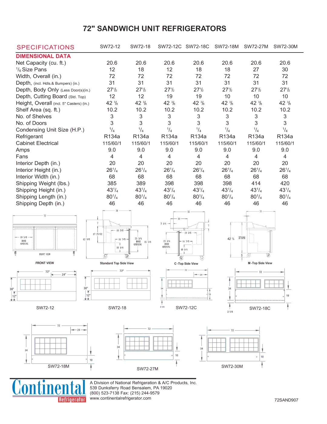 Continental Refrigerator SW72-12C, SW72-18C, SW72-27M manual Sandwich Unit Refrigerators, Specifications, Dimensional Data 