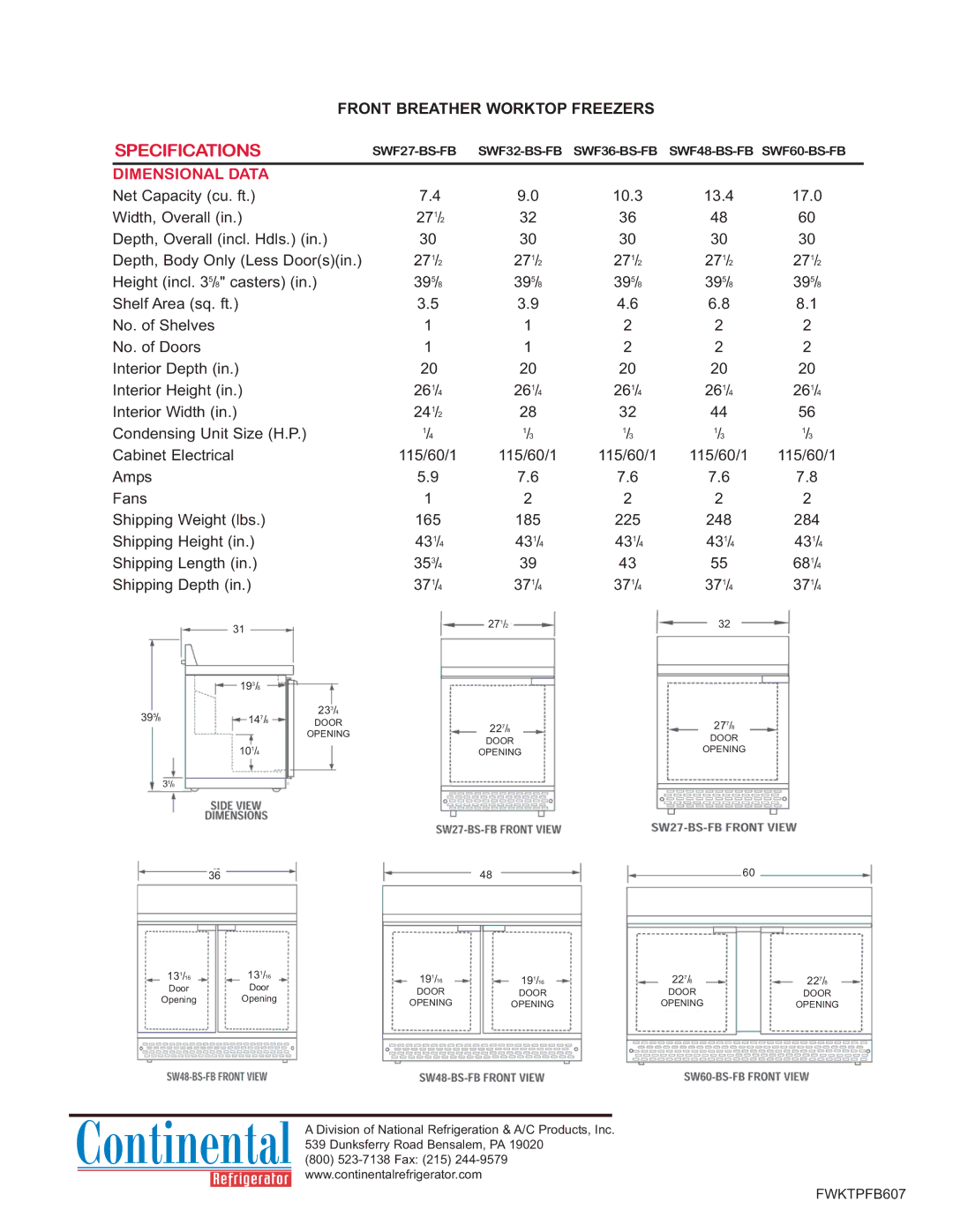 Continental Refrigerator SWF27-BS-FB, SWF36-BS-FB Specifications, Dimensional Data, Height incl /8 casters, Interior Width 